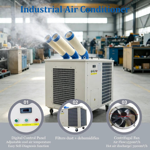 Heavy Duty 220V Portable Industrial Spot Cooler Brings Serious Chill To Warehouses And Workshops Three Adjustable Airflow Speeds with three ducts.