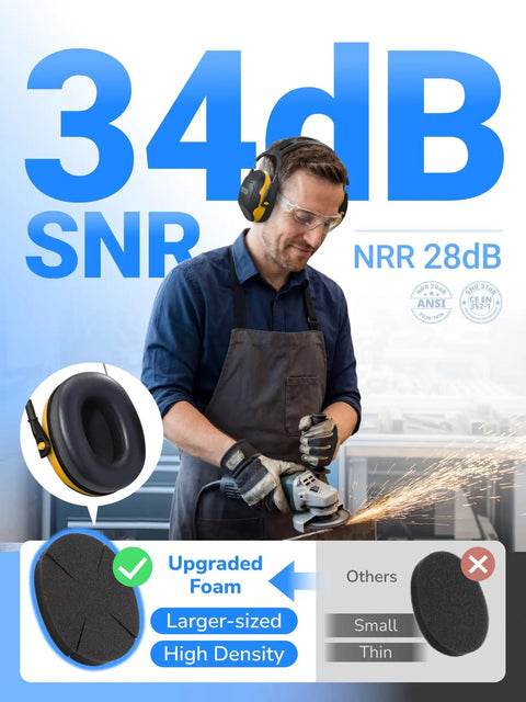 All-Day Comfy Noise Reduction Earmuffs For Adults And Kids, NRR28dB Hearing Protection shown on a man using power tools