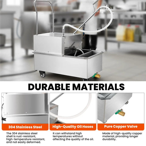 Heavy Duty Commercial Fryer Oil Filter Machine 550W Stainless Steel 55L Mobile Cart System in a kitchen setting with hoses and valves.