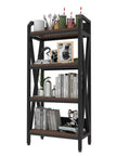 4 Tier Farmhouse Bakers Rack Heavy Duty Metal Wood Shelves Built Like A Tank Rock Solid X Brace Reinforcement Sleek Industrial Design Ultimate Kitchen Storage Solution 25.6 Inch Width with kitchen items.