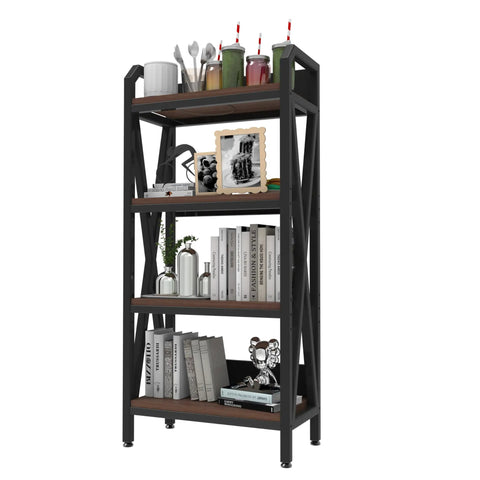 4 Tier Farmhouse Bakers Rack Heavy Duty Metal Wood Shelves Built Like A Tank Rock Solid X Brace Reinforcement Sleek Industrial Design Ultimate Kitchen Storage Solution 25.6 Inch Width with kitchen items.