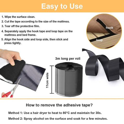 Non Slip Mattress Pad With Self Adhesive Hook And Loop Tape For Mattress Couch Rugs And Furniture Anti Slip Grip 11cm Wide By 3m Long Stronger Hook Side For A Tighter Fit And No Shifting, showing usage instructions and tape roll.