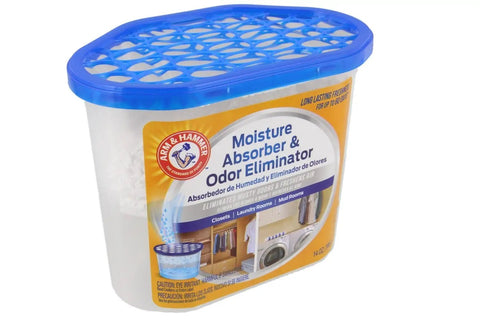 Moisture Absorber And Odor Eliminator Tub 14oz Two Pack For Closets And Laundry Rooms with blue vented lid