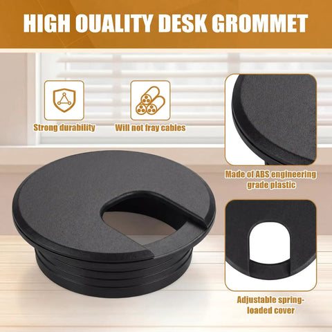 10 Pack Black Desk Cable Grommets for Easy Wire Management in plastic with adjustable cover, 1.5 inch size shown