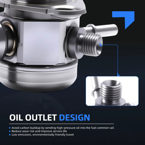 Close-up of a high pressure fuel pump's oil outlet design for Ford Edge Escape Explorer Focus Turbo Fusion Taurus L4 2.0L Rover Lincoln 2.0L Drop-In Ready Replacement HM10099 GDP203 Fits Ford 2.0L EcoBoost Models 2013 2018