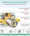 Gold anti-scald valve with shower, hot, and cold water connectors for Rain And Handheld Shower System With Five Spray Dual 2 In 1 High Pressure Shower Faucet 3 Way Diverter Brushed Nickel Finish Valve Included For Your Home Upgrade Remodel.