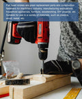 Worker using an electric drill to install a flat head screw into wood, showcasing the 275 Piece Wood Screws Assortment Kit In Stainless Steel.