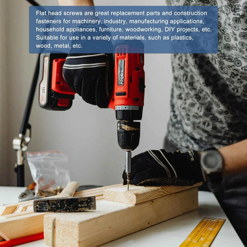 Worker using an electric drill to install a flat head screw into wood, showcasing the 275 Piece Wood Screws Assortment Kit In Stainless Steel.