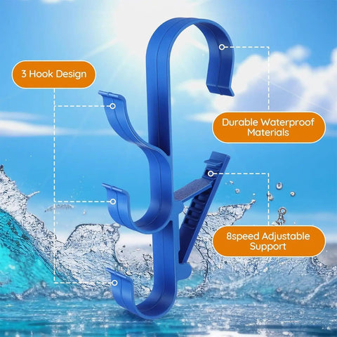 Adjustable Waterproof Pool Pole Hooks Three Hook Bracket for Telescopic Rods, blue durable material, outdoor use