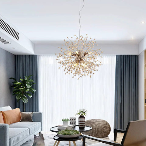 Boho Dandelion Wooden Beads Chandelier With Eight Lights Dope Modern Firework Pendant Ceiling Light Adjustable Height Hanging