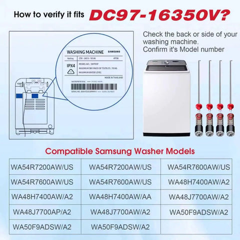 Upgraded DC97-16350V Suspension Rods Replacement Kit compatibility chart and installation guide for Samsung washers.