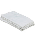 Stack of white industrial strength shop towels, bag of 25, size 12 by 13 inch, for grime dirt oil and grease cleanup, machine washable.