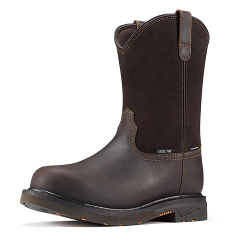 Steel Toe Waterproof Wellington Style Mens Work Boots With Full Grain Leather Pull On Non Slip EH Protection Side View