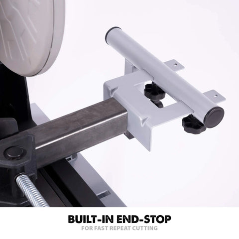 Close-up of built-in end stop on Heavy Duty Chop Saw Stand With Universal Fitting A Real Workhorse Height Adjustable, black and silver.