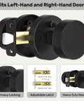 Matte Black Privacy Door Knob With Lock, Built To Last Heavy Duty Round Vintage Interior Door Handle For Bedroom And Bathroom, Fits Standard Doors 1 3 8 To 1 3 4 Inches, displaying features like privacy locking, adjustable latch.
