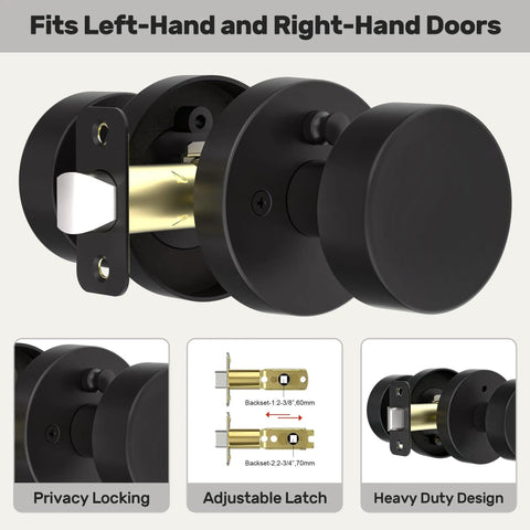 Matte Black Privacy Door Knob With Lock, Built To Last Heavy Duty Round Vintage Interior Door Handle For Bedroom And Bathroom, Fits Standard Doors 1 3 8 To 1 3 4 Inches, displaying features like privacy locking, adjustable latch.