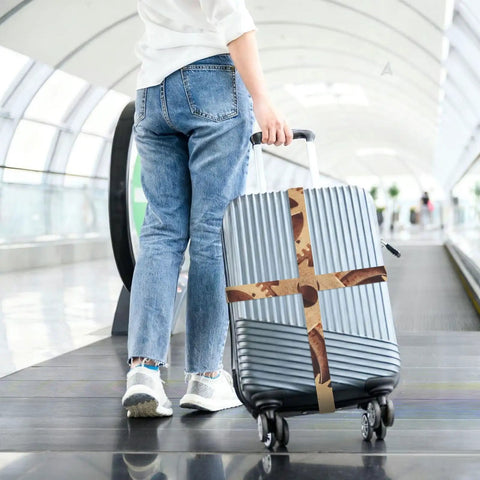 Cool Industrial Clock Gears Steampunk Print Luggage Strap With Adjustable Buckle For 20 To 32 Inch Suitcases securing a suitcase.