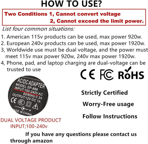 Instruction label for Universal Travel Adapter with 5 USB Ports and 8A AC Outlet Worldwide Charger for 200 Plus Countries.