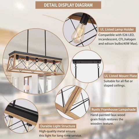 Detail display of farmhouse chandelier with five lights for kitchen island lighting rustic white wood finish dining room pendant.