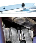 Door Hinge Spring Compressor Tool Fits One Half Inch Wrenches For Quick Auto Door Spring Installation On GM Vehicles And Light Trucks Ideal For Replacing Front Or Rear Door Springs In Minutes, shown separately and installed on GM vehicle door spring.