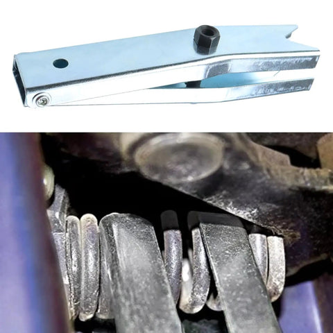 Door Hinge Spring Compressor Tool Fits One Half Inch Wrenches For Quick Auto Door Spring Installation On GM Vehicles And Light Trucks Ideal For Replacing Front Or Rear Door Springs In Minutes, shown separately and installed on GM vehicle door spring.