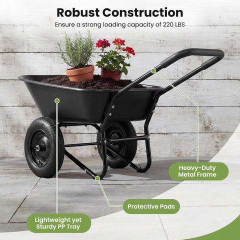 Dual Wheel Wheelbarrow With 14 Inch Pneumatic Tires 330 Lb Capacity Heavy Duty Workhorse Garden Cart with plants and soil