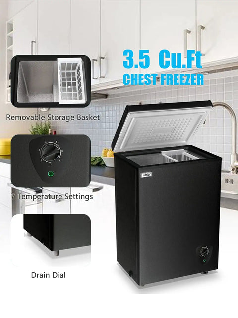 Keep Your Cool With This Badass 3.5 Cubic Foot Chest Freezer Featuring Seven Chill Zones And A Sleek Black Shell, open lid and removable basket.