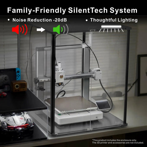 3D Printer Enclosure For Bambu Lab A1 With Fume And Odor Control, showcasing noise reduction and lighting, enclosed printer setup in black.