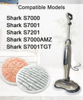 Product display of 10 Pack Replacement Steam Mop Pads For S7000 Series with Shark S7000 steam mop and compatible model list.