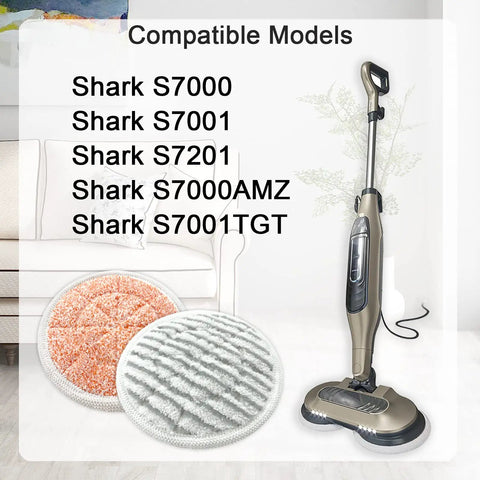 Product display of 10 Pack Replacement Steam Mop Pads For S7000 Series with Shark S7000 steam mop and compatible model list.