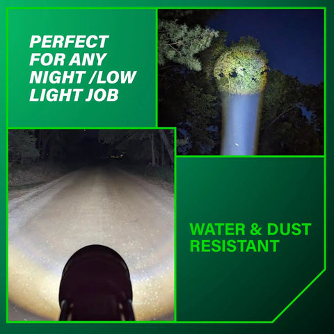 Beam of 18V MultiVolt Cordless LED Torch Flashlight With 7 Position Adjustable Head And 5 Position Up Down Tilt Four Brightness Modes Tool Only No Battery UB18DJL No Brainer Light For Any Job illuminating dark path and trees.