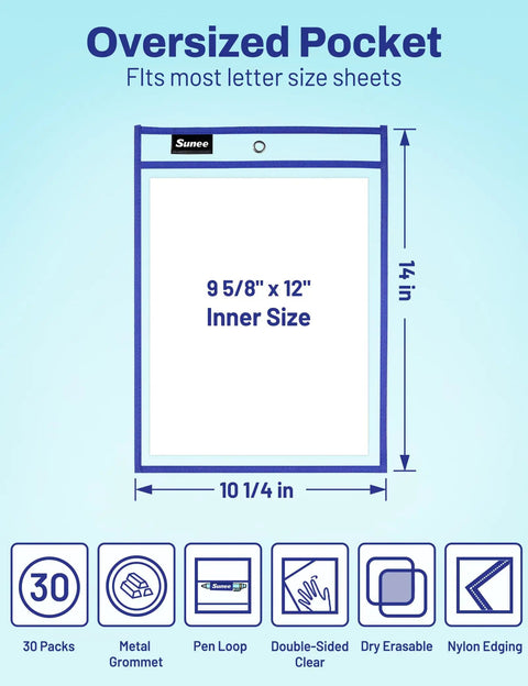 30 Pack Oversized Reusable Dry Erase Pocket Sleeves With 2 Rings 10 Assorted Colors 10x14 Ticket Holders Clear Sheet Diagram