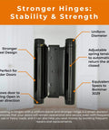 Heavy Duty 6 Inch Double Action Swinging Door Hinges For Saloon And Cafe Bar Doorways Commercial Grade With Adjustable Tension For High Traffic Use Gloss Black Finish 1 Unit shown with features labeled, including uniform diameter and adjustable tension.