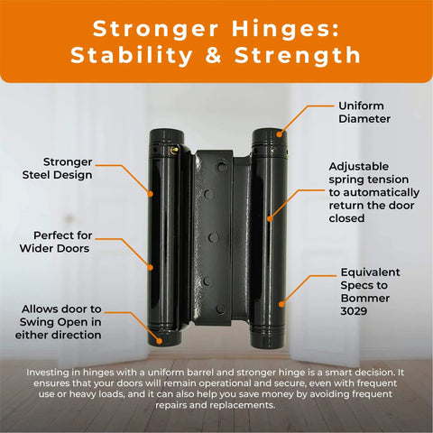 Heavy Duty 6 Inch Double Action Swinging Door Hinges For Saloon And Cafe Bar Doorways Commercial Grade With Adjustable Tension For High Traffic Use Gloss Black Finish 1 Unit shown with features labeled, including uniform diameter and adjustable tension.