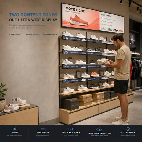 Huge 43 Inch Ultra Wide Digital Signage Display For Retail Shelves Flawlessly Combines Killer Clarity With Hella Bright 700 Nit Output And Dead Simple Plug And Play Shelf Setup For Your Store showing shoes on shelves.