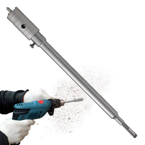 Heavy Duty Hole Saw Kit With Carbide Tips For Drilling Concrete Stone And Masonry Bricks Featuring Long Lasting Tool Steel Build Perfect For Electrical Installations And Home Improvement Projects That Need Reliable Performance. Hole cutting drill in use