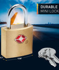 Mini Brass Square TSA Travel Lock For Luggage And Carry On, Durable Padlock Set With Two Keys, Dimensions Shown
