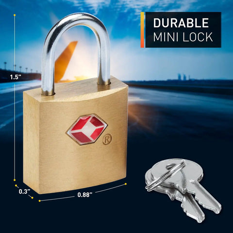 Mini Brass Square TSA Travel Lock For Luggage And Carry On, Durable Padlock Set With Two Keys, Dimensions Shown