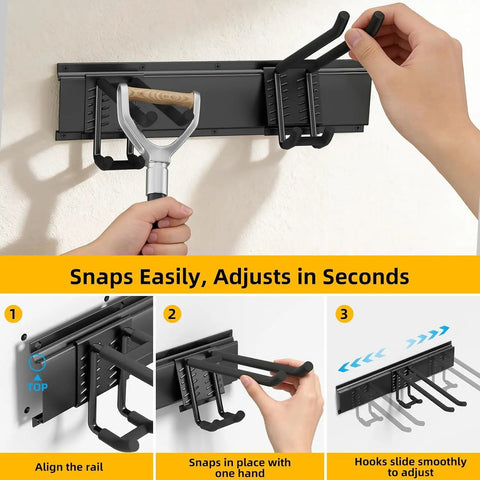 Beefed Up Garage Tool Organizer With Six Double Layer Hooks And Extended 49.5 Inch Wall Mounts Made From Powder Coated Steel, showing easy hook adjustments.