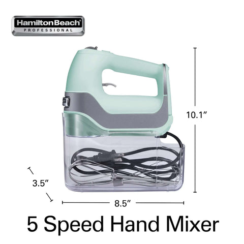 Smooth Operator 5 Speed Electric Hand Mixer With Slow Start Tech and Quick Burst Design in classic mint with snap-on case.