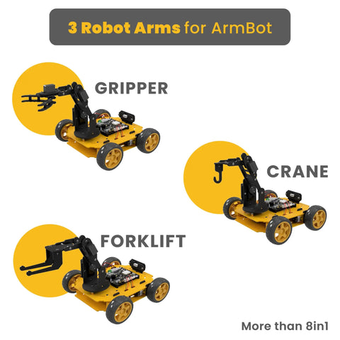 8in1 Coding Robot Kit for Adults With 8 Models and 3 Wheel Options, DIY Smart Car Kit for Beginners and Pros, Learn Python and Block Coding, Remote WiFi Controlled Robot Set, 8 In One Robotics Set for Creative Tech Projects, yellow arm bot with gripper, crane, forklift
