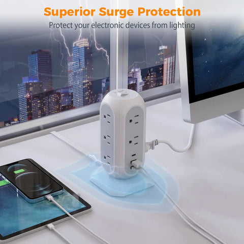 Flat Plug Power Strip With 11 Outlets And 3 USB Ports Including USB C Surge Protector 1625W 13A 1050J 6 Foot Extension Cord
