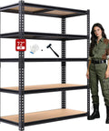 72 Inch Heavy Duty Metal Storage Shelves With 2400 Lbs Total Capacity For Garage And Warehouse Use Adjustable Shelving Units Built To Handle Oil Water And Tools 16 By 35.5 By 72 Inches shown with woman for scale