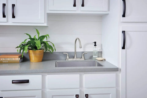 Parkwood Two Handle Kitchen Faucet Deck Mount in Stainless with Aerated and Spray Options, ADA Compliant, in modern kitchen