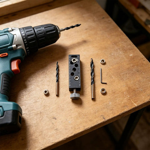 Rock Solid Aluminum Alloy Pocket Hole Jig No Fuss Drill Guide Tool With Snap Lock Countersink Design For Quick Woodworking and Furniture Assembly Builds on wooden surface.