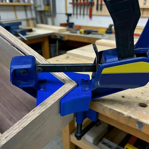 Tool Free 90 Degree Corner Clamp Adapter For Woodworking And Metalworking Projects No Fuss Quick Setup Corner Link That Boosts Your Work Efficiency And Helps You Nail Precise Right Angles On Any Project. blue plastic 90° corner clamp holding wood at a right angle