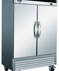 Commercial Workhorse 54 Inch Two Swing Door Upright Bottom Mount Reach In Freezer With Effortless Digital Temperature Controls showing stainless steel design.