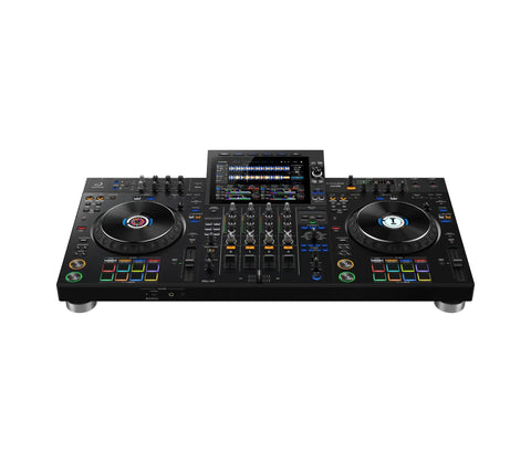Four Deck All In One DJ System With A 10.1 Inch Touchscreen, built-in Wi-Fi, SonicLink wireless tech, and performance pads front view