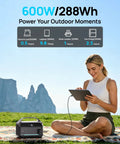 Woman using High Capacity Portable Power Station With 1200W Surge And 288Wh LiFePO4 Battery Solar Generator 600W AC Outlet outdoors
