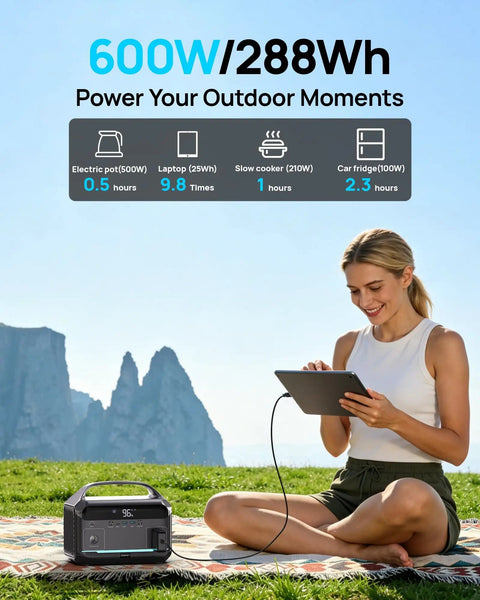 Woman using High Capacity Portable Power Station With 1200W Surge And 288Wh LiFePO4 Battery Solar Generator 600W AC Outlet outdoors
